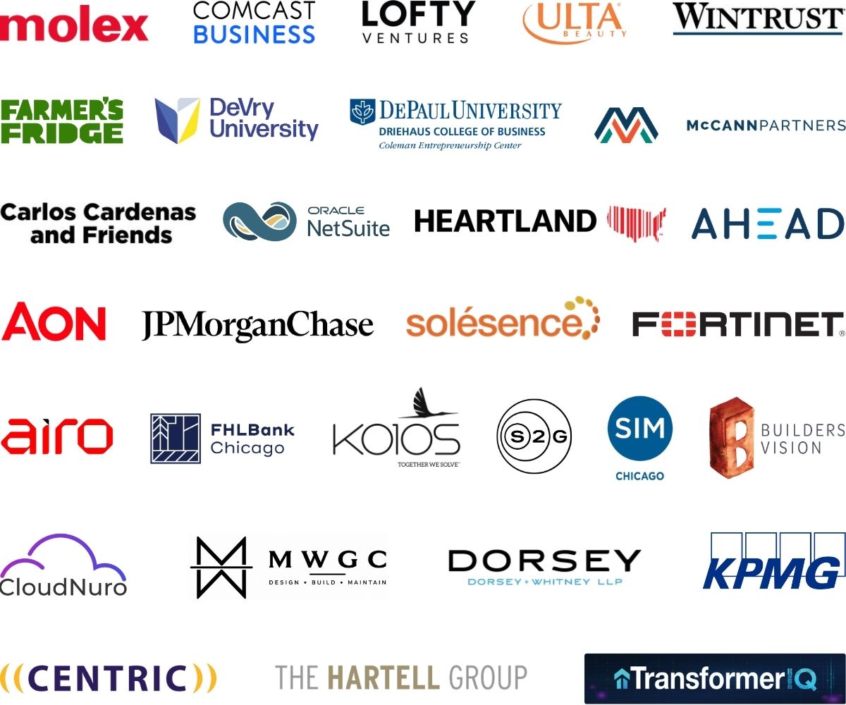 Logos of table sponsors including Molex, Comcast Business, Lofty Ventures, Ulta Beauty, Wintrust, Farmer's Fridge, DeVry University, DePaul University Coleman Entrepreneurship Center, McCann Partners, Carlos Cardenas and Friends, Oracle NetSuite, Heartland, AHEAD, Aon, JPMorgan Chase, Solesence, Fortinet, Airo, FHLBank Chicago, KOIOS, SIM Chicago, Builders Vision, CloudNuro, S2G Investments, MWGC Group, Dorsey & Whitney LLP, Centric Consulting, The Hartell Group, KPMG, and Transformer IQ.
